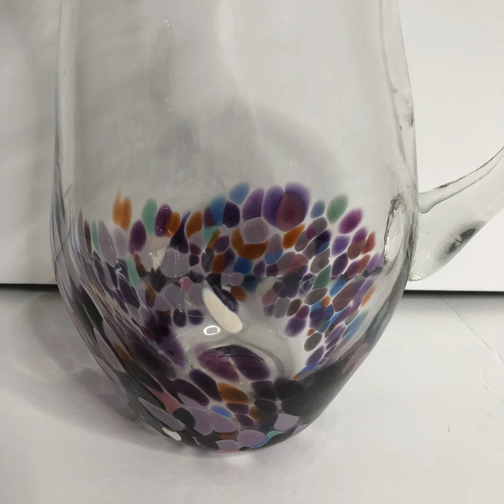Hand Blown Art Glass Pitcher Purple Confetti Dot 10